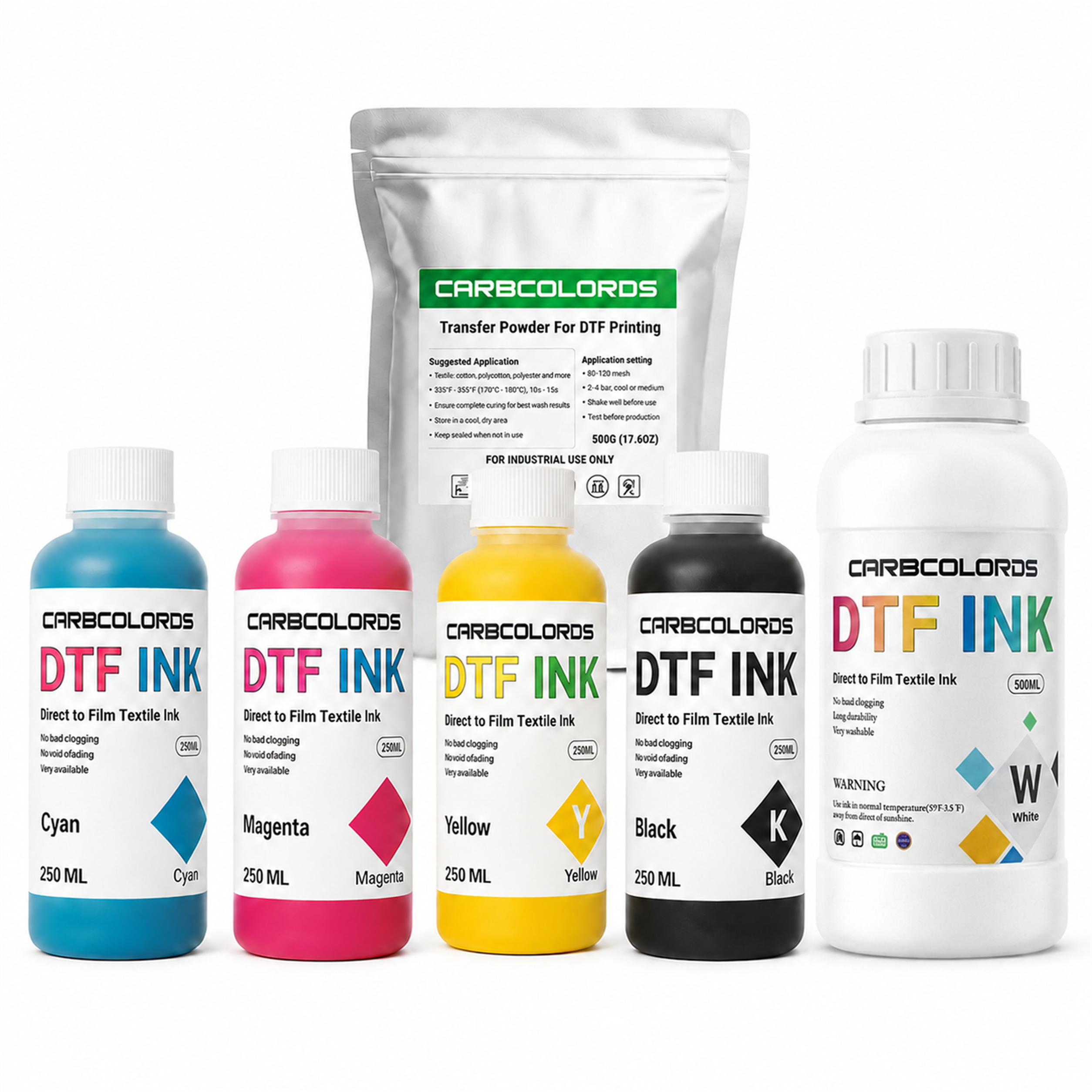 DTF Ink Refill Kit – CMYK 250mL + White Ink 500mL, Optional DTF Powder