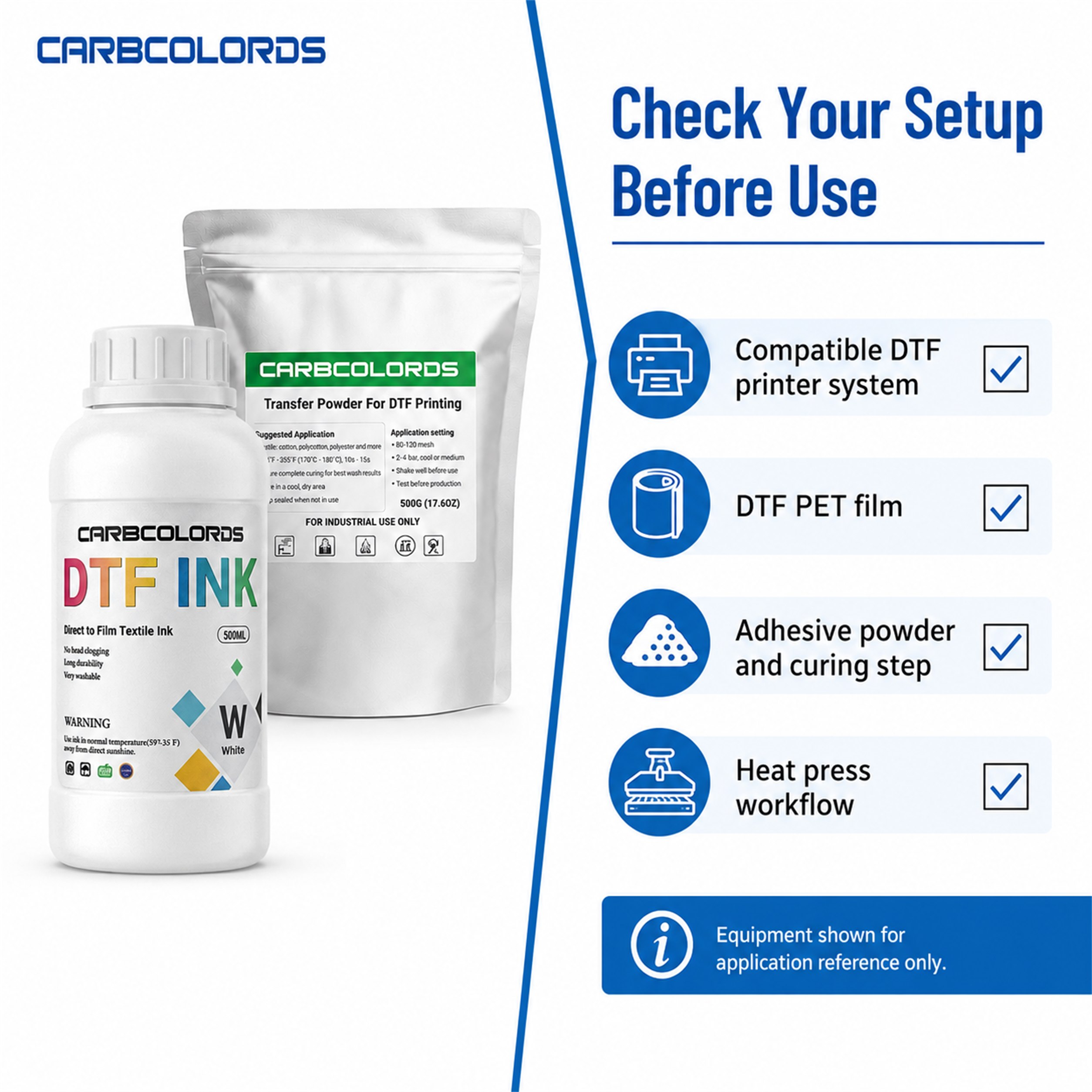 DTF Ink Refill Kit – CMYK 250mL + White Ink 500mL, Optional DTF Powder
