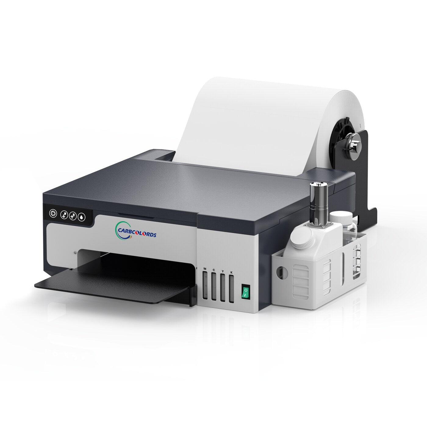 Carbcolords A4 DTF printer with roll holder, angled view