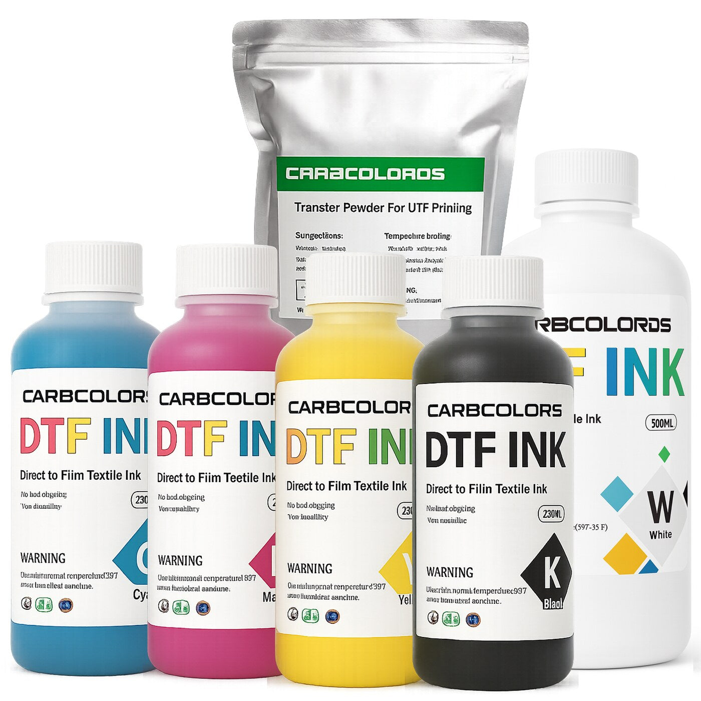 DTF color and white inks with transfer powder